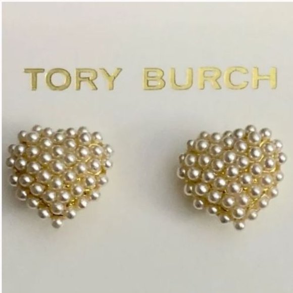 14K Tory Burch Pearl Heart Studs w Dustbag - Picture 1 of 7